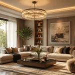 اتاق پذیرایی با لوستر و نور ملایم